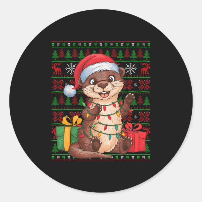 Adesivo Redondo Otter Xmas Lights Ugly Santa Hat Otter Christmas  (Frente)