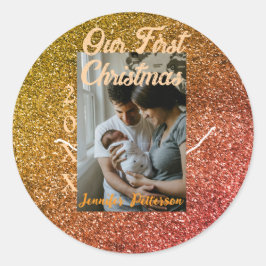 Adesivo Redondo Our first Christmas orange red glitter photo year