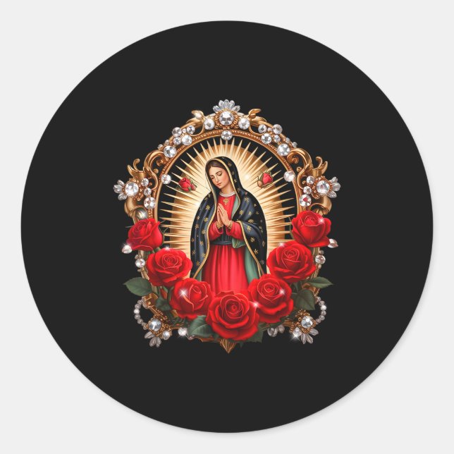 Adesivo Redondo Our Lady Guadalupe Saint Virgin Mary In Roses Flow (Frente)