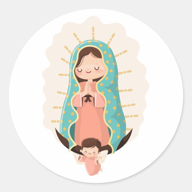 Adesivo Redondo Our Lady of Guadalupe with angel Kawaii Style (Frente)