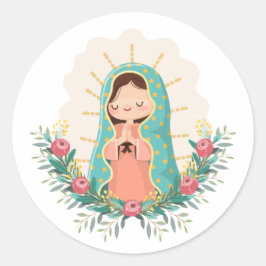 Adesivo Redondo Our Lady of Guadalupe with flowers Kawaii Style