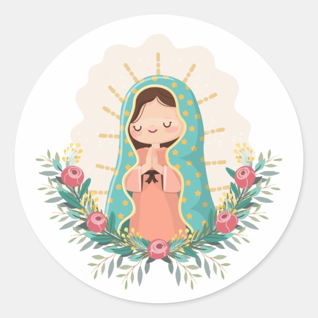 Adesivo Redondo Our Lady of Guadalupe with flowers Kawaii Style (Frente)