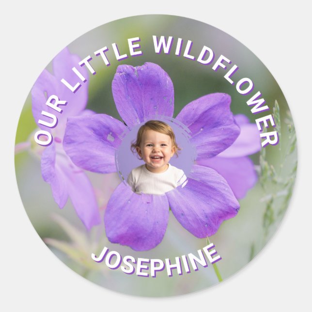 Adesivo Redondo Our Little Wildflower Purple Floral Custom Photo (Frente)