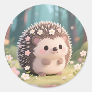 Adesivo Redondo ouriço Adorável com Flores Floresta Kawaii