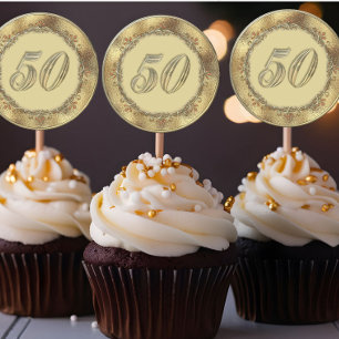 Adesivo Redondo Ouro 50º Aniversário do Cupcake