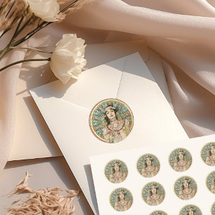 Adesivo Redondo Ouro Art Nouveau Mucha Sarah Bernhardt Champanhe