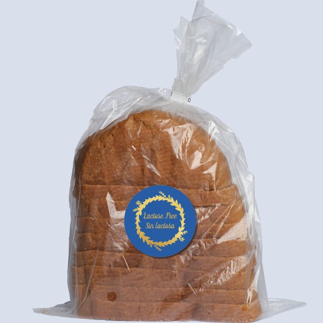 Adesivo Redondo Ouro Azul Bilíngue Lactose Livre - Pecado Lactosa (Lactose free blue bilingual round sticker, custm text, Spanish. Multilingual project)