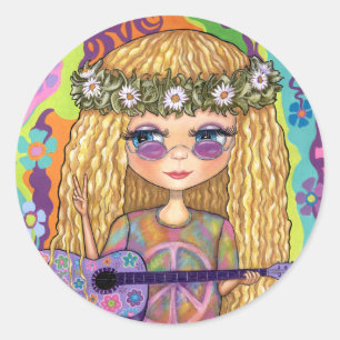 Adesivo Redondo Ouro Cabelo Hippie Pintinho Púrpura Guitarra Sinal