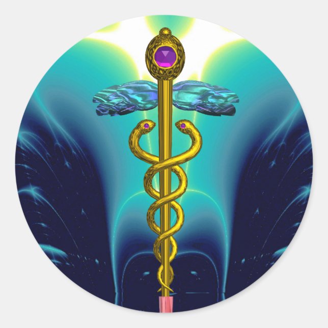Adesivo Redondo OURO CADUCEUS Símbolo médico Vibrante Azul Teal (Frente)