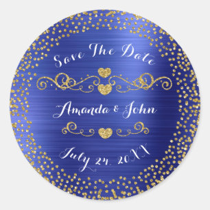 Adesivo Redondo Ouro Confetti Glitter Salvar a Data Azul Cobalto