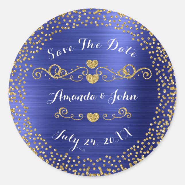 Adesivo Redondo Ouro Confetti Glitter Salvar a Data Azul Cobalto (Frente)