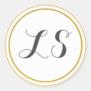 Adesivo Redondo Ouro das iniciais do monograma & beira branca do