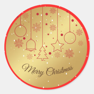 Adesivo Redondo Ouro de Natal feliz e ornamentos vermelhos