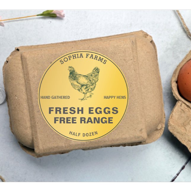 Adesivo Redondo Ouro de Nome do Proprietário da Fazenda Personaliz (modern farm owner name golden egg stamp)