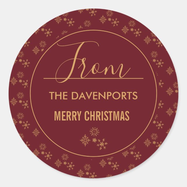 Adesivo Redondo Ouro Decorativo Flocos de Neve Padrão de Natal (Frente)