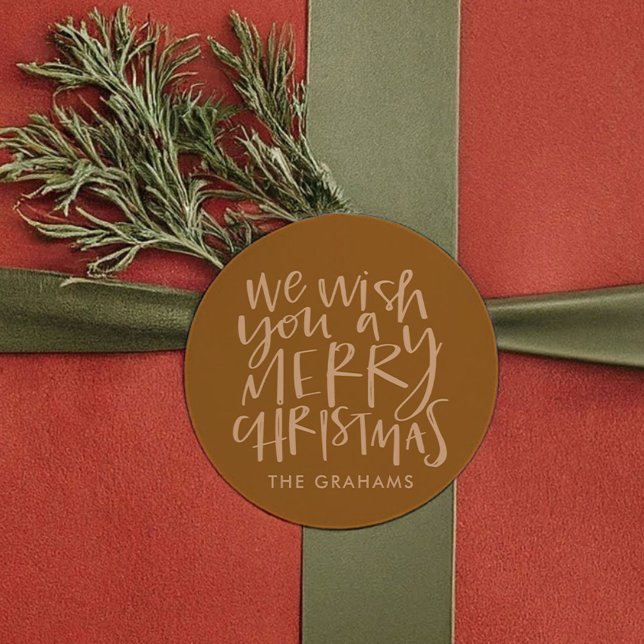 Adesivo Redondo ouro "Deseje um Feliz Natal" ("Wish You a Merry Christmas" Golden Classic Round Sticker)