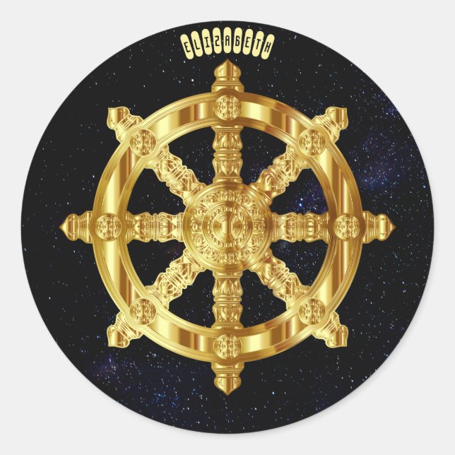 Adesivo Redondo Ouro Dharma Wheel Buddhism E Hinduísmo Símbolo (Frente)