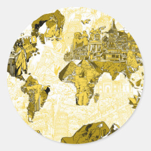 Adesivo Redondo ouro do mapa do mundo