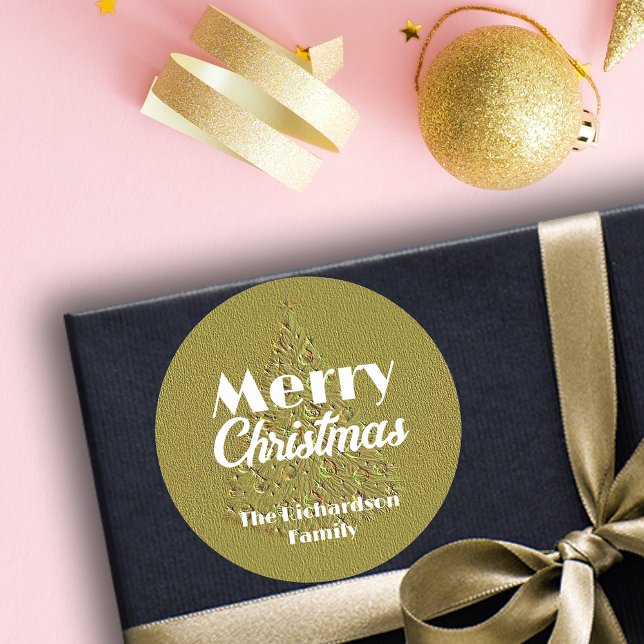 Adesivo Redondo Ouro Elegante Festivo Embarcado Árvore de Natal (Criador carregado)