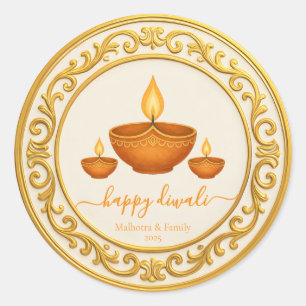 Adesivo Redondo Ouro Frame Diwali Diya com Arte Lâmpada Decorativa