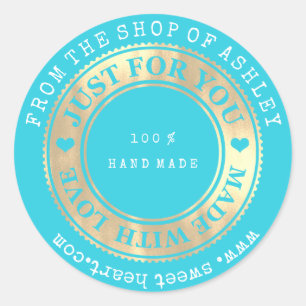 Adesivo Redondo Ouro Handmade do azul de oceano do amor do coraç