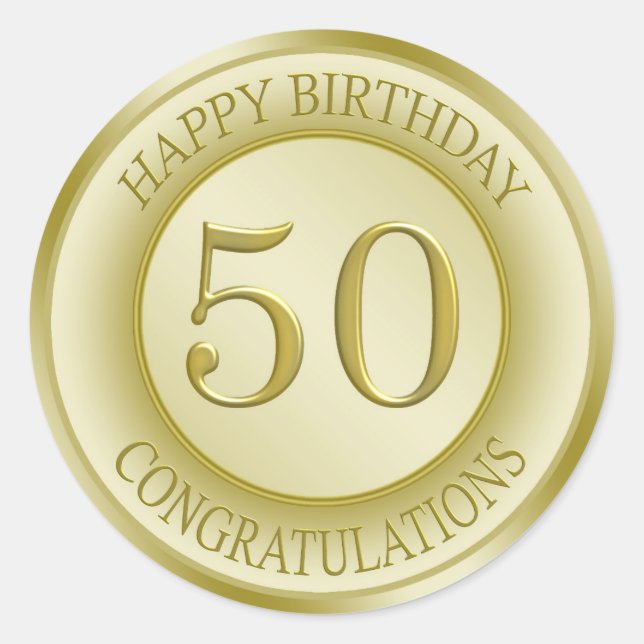 Adesivo Redondo Ouro Happy 50th Birthday Sticker (Frente)
