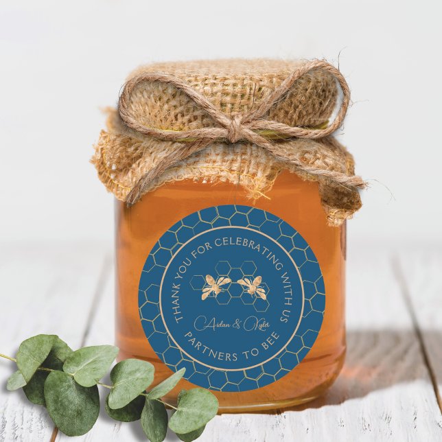 Adesivo Redondo Ouro Indigo & Honeycomb Chá de casamento de Abelha (Criador carregado)