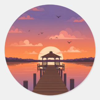 Adesivo Redondo Ouro Lake Sunset com Wooden Dock