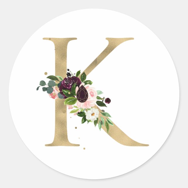Adesivo Redondo Ouro - Letra MONOGRAMM boho burgundy flores (Frente)
