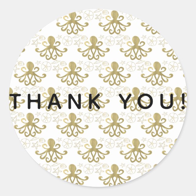 Adesivo Redondo Ouro Octopus & Sea Shells Festa de aniversário de  (Frente)