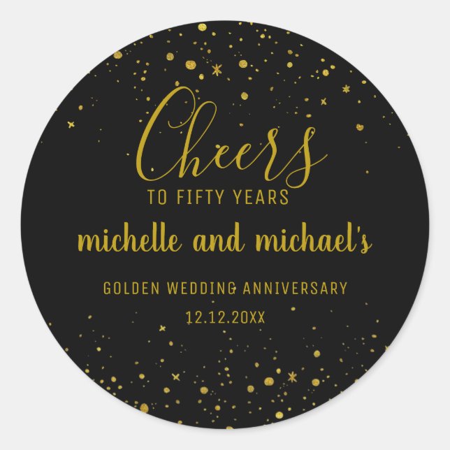 Adesivo Redondo Ouro Preto Parabéns aos 50 Anos Aniversário Dourad (Frente)