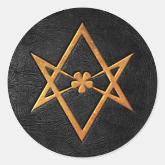 Adesivo Redondo Ouro Quélico Unicursal Hexagrama Preto Couro Preto