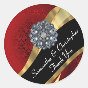 Adesivo Redondo Ouro quico e selo de casamento tema damasco vermel