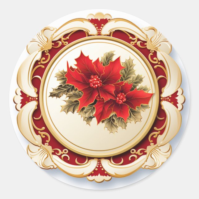 Adesivo Redondo Ouro Red Scroll Poinsettia (Frente)