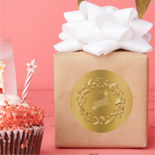 Adesivo Redondo Ouro Reindeer e Wreath no Natal