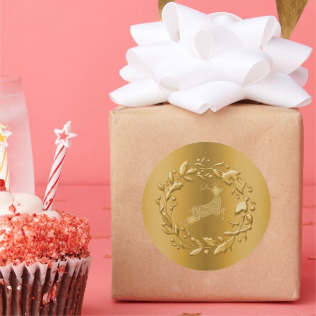 Adesivo Redondo Ouro Reindeer e Wreath no Natal (Festa)