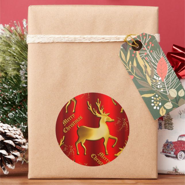 Adesivo Redondo Ouro Reindeer no Natal Vermelho (Feriado)