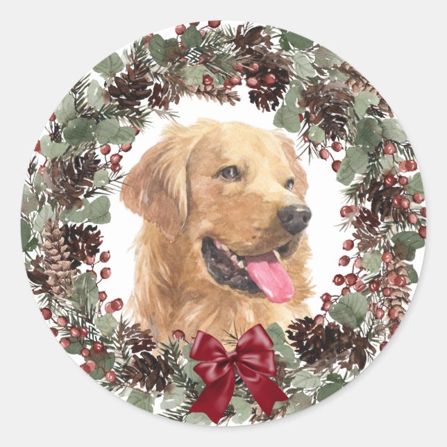 Adesivo Redondo Ouro Retriever Arco Vermelho Pinecone Wreath Natal (Frente)