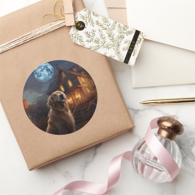 Adesivo Redondo Ouro Retriever Halloween Ascariado (Presentear)