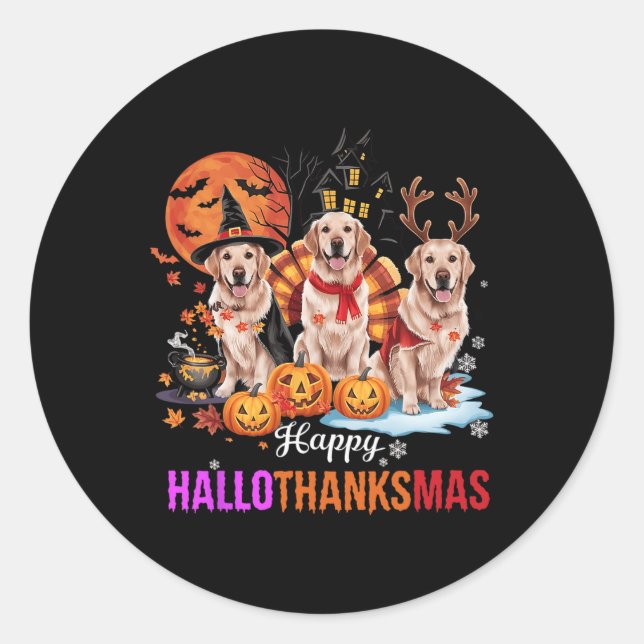 Adesivo Redondo Ouro Retriever Happy Hallothanksmas Halloween (Frente)
