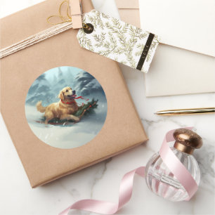 Adesivo Redondo Ouro Retriever Natal Inverno