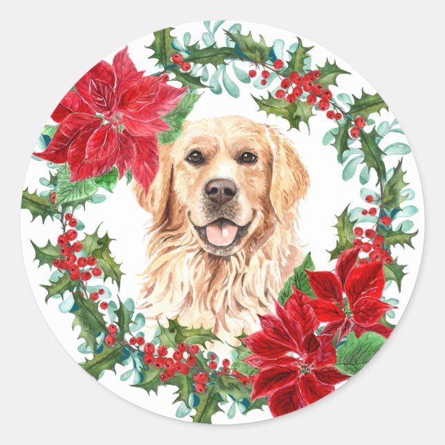 Adesivo Redondo Ouro Retriever Poinsettia Holly Christmas Wreath (Frente)