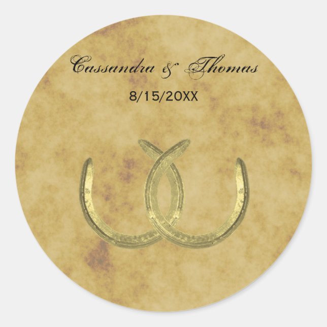 Adesivo Redondo Ouro Rustic Ferradura Faixas de Prata Vedantes de  (Frente)