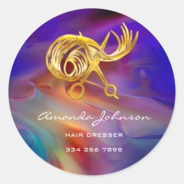 Adesivo Redondo Ouro Tesoura Logotipo Centeado Estylist Azul