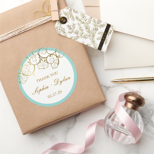 Adesivo Redondo Ouro Turquesa e Clássico Casamento Elegante (Presentear)