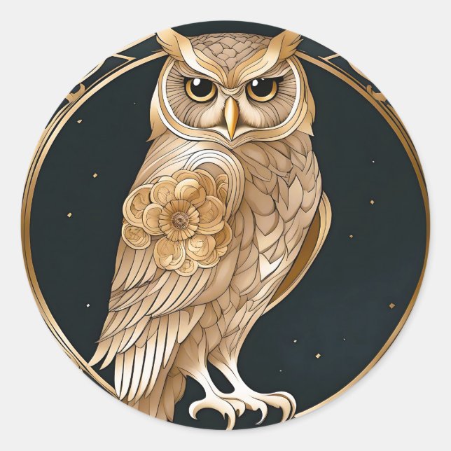 Adesivo Redondo Ouro Vintage Owl Art Deco (Frente)