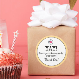 Adesivo Redondo Ouro Yellow Retro with Heart Business Obrigado