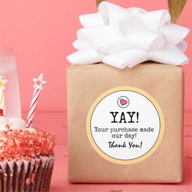 Adesivo Redondo Ouro Yellow Retro with Heart Business Obrigado (Festa)