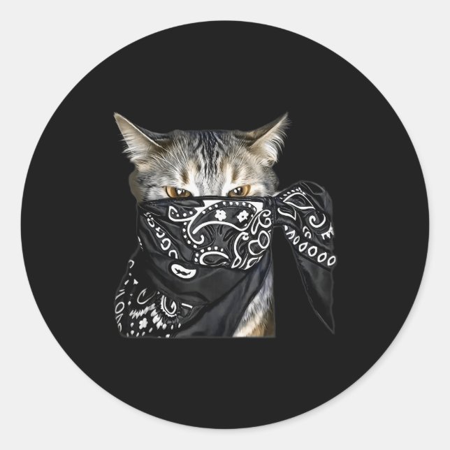 Adesivo Redondo Outlaw Cat Funny Gangster Cat With Bandana  (Frente)
