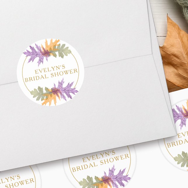 Adesivo Redondo Outono Folhas de Outubro Elegante Texto Dourado (October Leaves sticker with fully editable gold text and autumn fall leaf design)